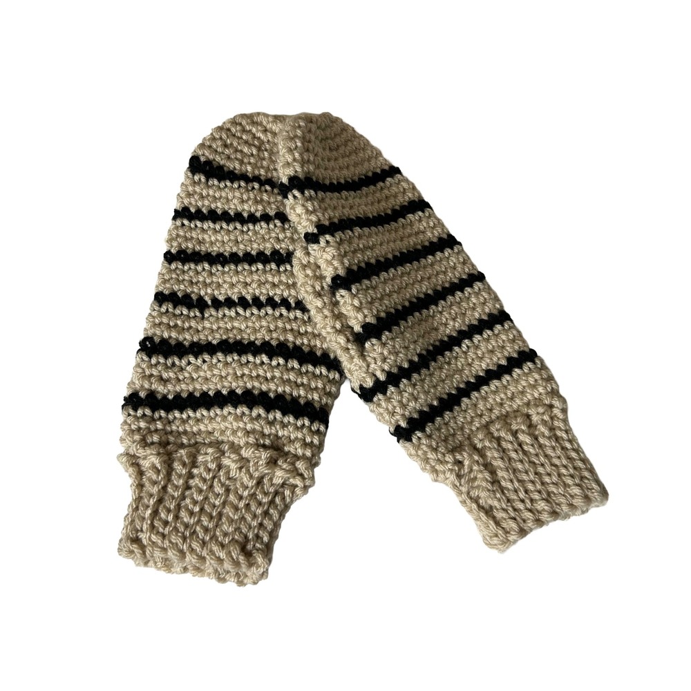 NWOT Handmade Crochet Striped Mittens Beige Black Chunky Knit One Size‎